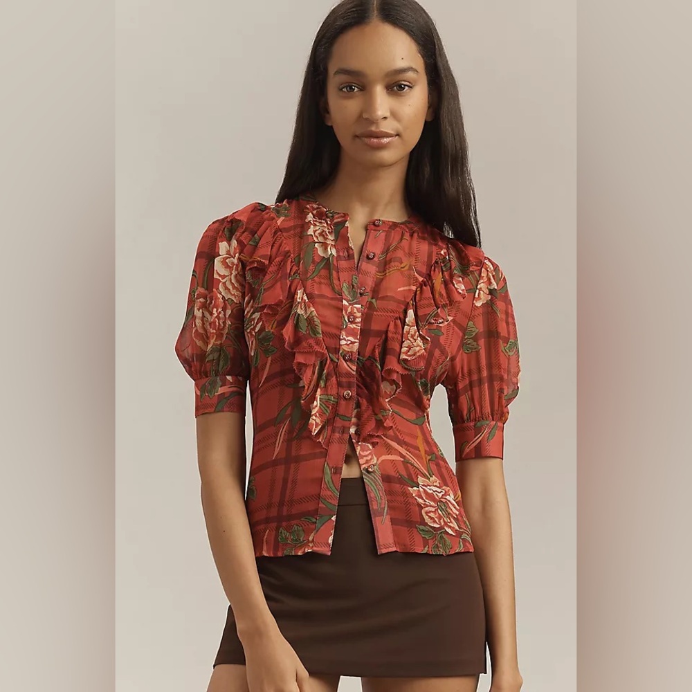 Anthropologie‎ Banjanan Nina Button Down Blouse Floral Red Small Ruffle